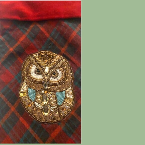 Pottery Barn Owl Christmas Stocking Plaid Holiday Beads Sequins - Picture 5 of 5